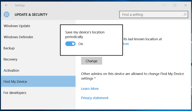 Windows 10 Location Setting