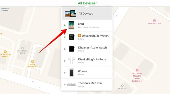 Click on iPad from Devices List in iCloud
