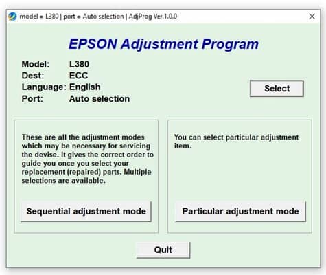 Launch Epson L380 Adjustment Program