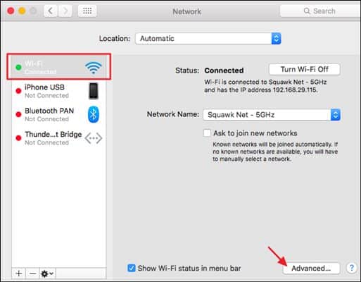 MacOS Network Dialogue Box