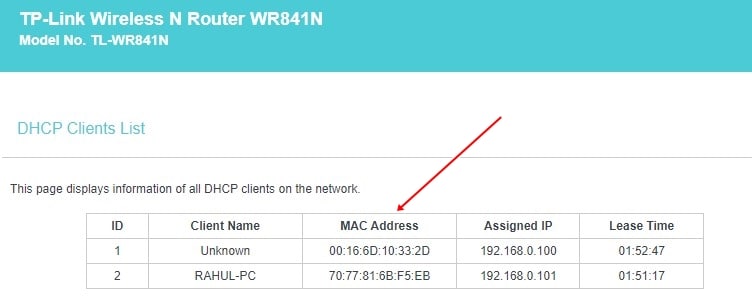Router's DHCP Client List